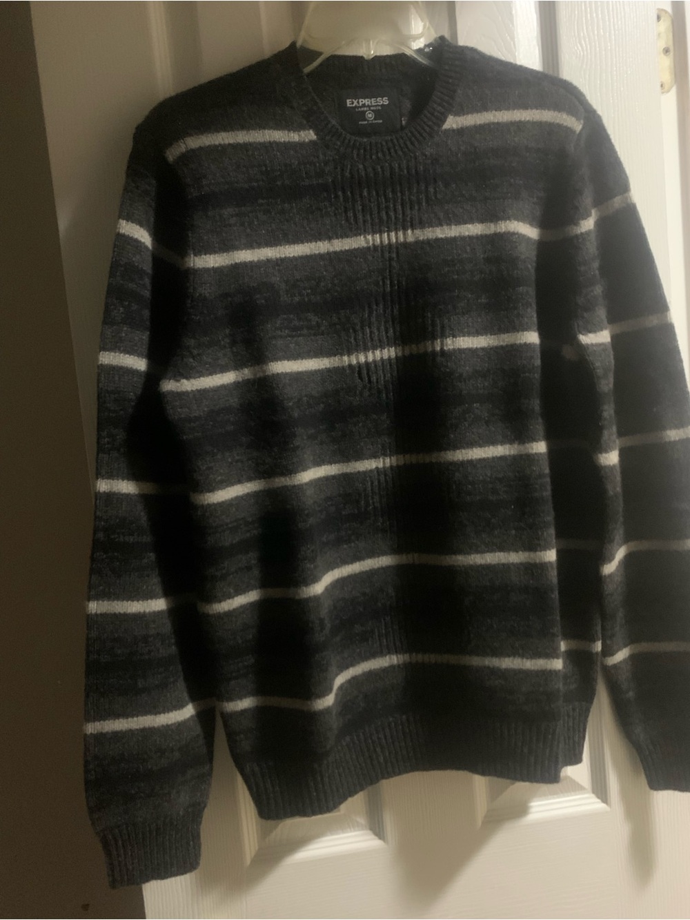 Express Vintage Men’s Black & Gray Striped Crewneck Sweater Lambs Wool